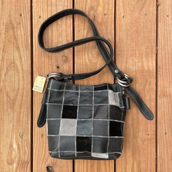 Lucky Brand Vintage Leather Patchwork Hobo Crossbody Purse Bag Grey Black New - Picture 3 of 14